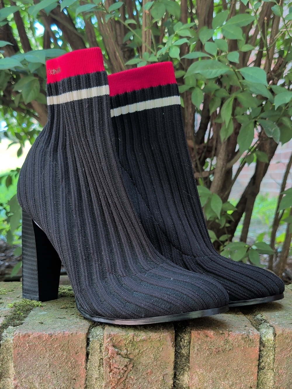 Calvin Klein Black Antonette Ribbed Sock Booties with Red Trim Size 8 (1247)